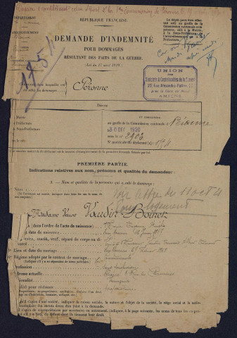 Péronne. Demande d'indemnisation des dommages de guerre : dossier Vaudin-Boinet