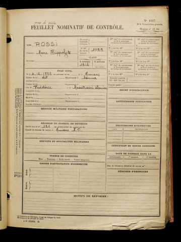 Rossi, Marc Hippolyte, né le 04 décembre 1892 à Amiens (Somme), classe 1912, matricule n° 1099, Bureau de recrutement d'Amiens