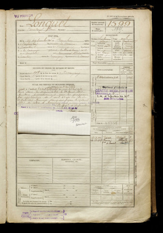 Longuet, Pierre Paul Henri, né le 27 septembre 1901 à Bouchon (Somme), classe 1921, matricule n° 1599, Bureau de recrutement d'Amiens
