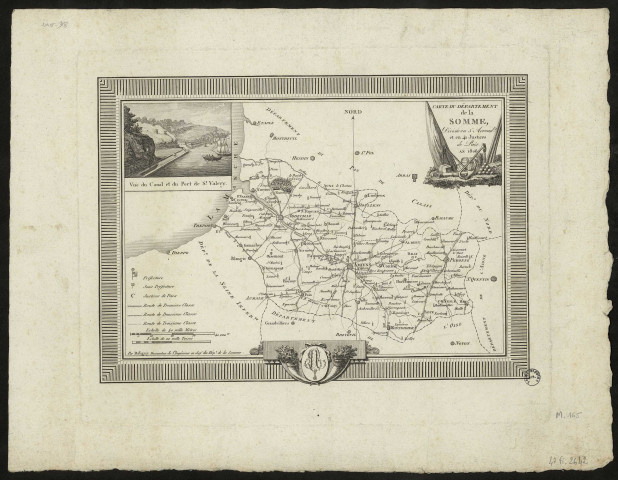 Carte de Département de la Somme. Divisé en 5 Arrondissements et en 41 justices de Paix. En fenêtre vue du canal et du Port de Saint-Valery