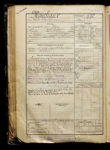 Monchaux, Charles Arthur Elisée, né le 03 septembre 1900 à Valines (Somme), classe 1920, matricule n° 682, Bureau de recrutement d'Abbeville