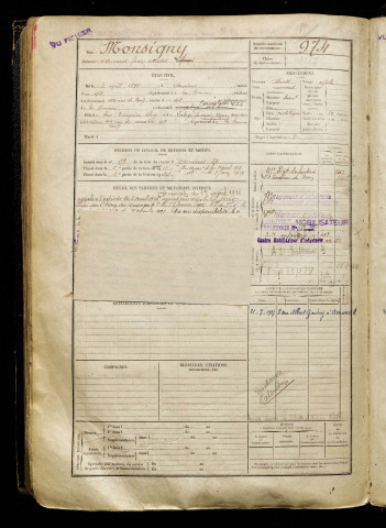 Monsigny, Arnaud Jean André Henri, né le 03 avril 1899 à Amiens (Somme), classe 1919, matricule n° 974, Bureau de recrutement d'Amiens