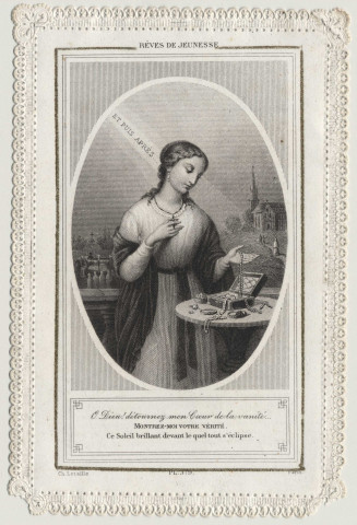 Image pieuse dentelle. Allégorie de la vanité. Rêves de jeunesse et puis après…