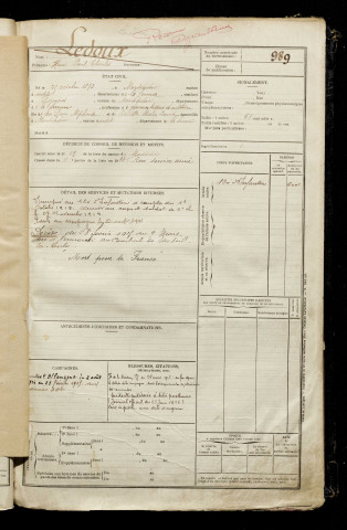 Ledoux, Henri Paul Charles, né le 25 octobre 1893 à Montdidier (Somme), classe 1913, matricule n° 989, Bureau de recrutement de Péronne