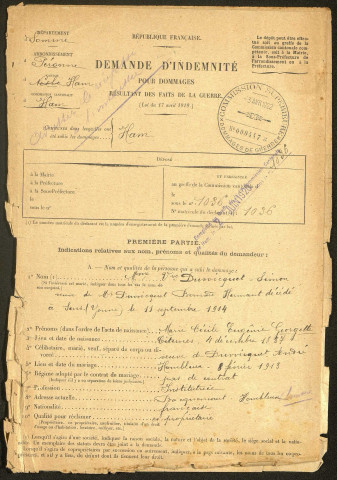 Ham. Demande d'indemnisation des dommages de guerre : dossier Duwicquet