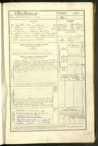 Poiteaux, Jules Isidore, né le 14 mai 1860 à Voyennes (Somme, France), classe 1880, matricule n° 571, Bureau de recrutement de Péronne