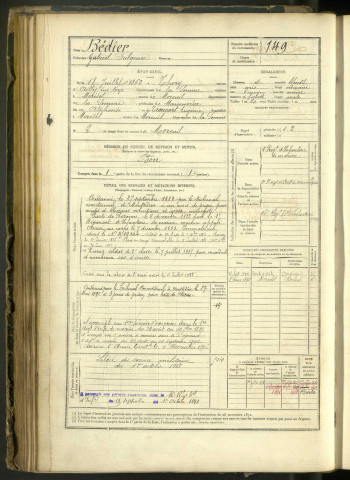 Bédier, Gabriel Fulgence, né le 18 juillet 1862 à Thory (Somme, France), classe 1882, matricule n° 149, Bureau de recrutement de Péronne