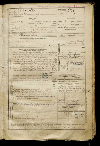 Serpette, Henri Léopold Etienne, né le 02 avril 1885 à Beaucourt-en-Santerre (Somme), classe 1905, matricule n° 959, Bureau de recrutement de Péronne