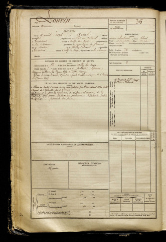 Louvin, Maurice, né le 09 août 1896 à Arras (Pas-de-Calais), classe 1916, matricule n° 36, Bureau de recrutement de Péronne