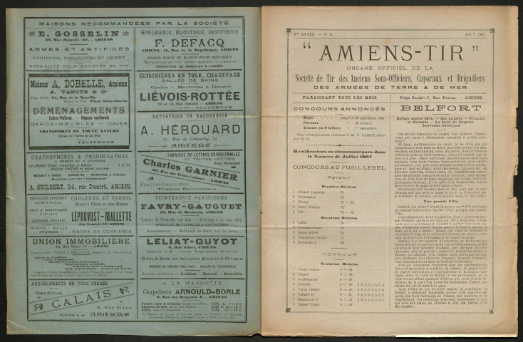 Amiens-tir, organe officiel de l'amicale des anciens sous-officiers, caporaux et soldats d'Amiens, numéro 8 (août 1907)