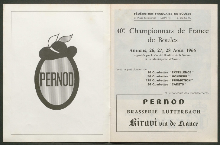 Jeu de boules. Organisation du 40e Championnat de France de jeu de boules du 26 au 28 août 1966 à Amiens sous l'égide de la Fédération Française de Boules
