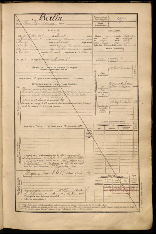Balin, Louis Henri Armand, né le 21 juillet 1867 à Morisel (Somme), classe 1887, matricule n° 1078, Bureau de recrutement de Péronne