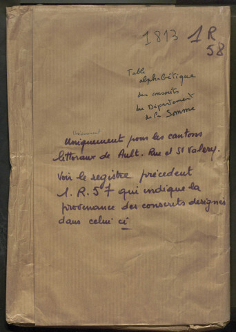 Table alphabétique (arrondissement d'Abbeville, "cantons littoraux" : Ault, Rue, Saint-Valery) de l'année 1813