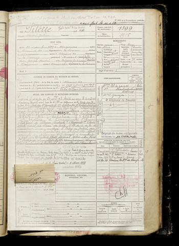 Pilette, André Julien, né le 23 décembre 1897 à Argoeuves (Somme), classe 1917, matricule n° 1399, Bureau de recrutement d'Amiens