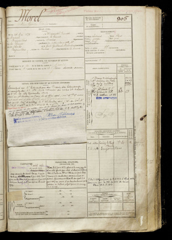 Morel, Arthur Georges Charles, né le 27 mai 1893 à Wiencourt-l'Équipée (Somme), classe 1913, matricule n° 905, Bureau de recrutement de Péronne