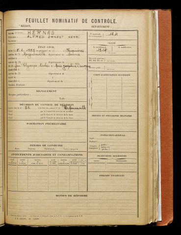 Hernas, Alfred Ernest Henri, né le 05 février 1897 à Feuquières-en-Vimeu (Somme), classe 1917, matricule n° 124, Bureau de recrutement d'Abbeville