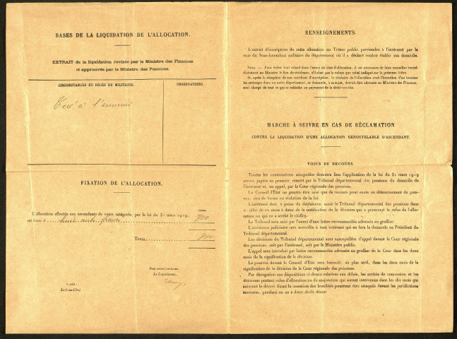 Notification d'un arrêté portant concession d'une allocation renouvelable d'ascendant, d'un montant de 800 francs pour le décès d'Oscar Thiébault, tué à l'ennemi en octobre 1914