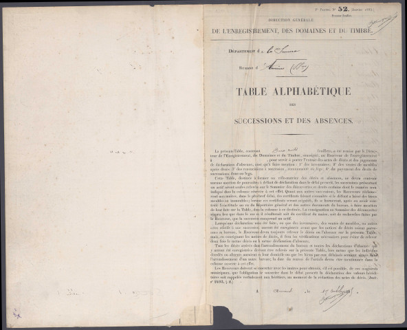 Table des successions et absences du bureau d'Amiens