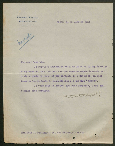 Témoignage de Mayolle, Emmanuel et correspondance avec Jacques Péricard