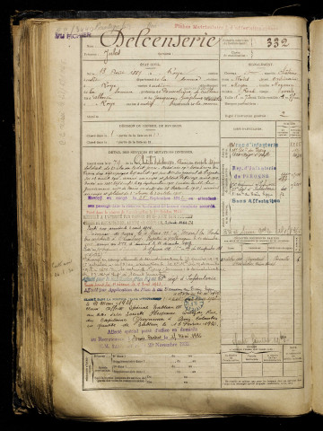 Delcenserie, Jules, né le 13 août 1889 à Roye (Somme), classe 1909, matricule n° 332, Bureau de recrutement de Péronne