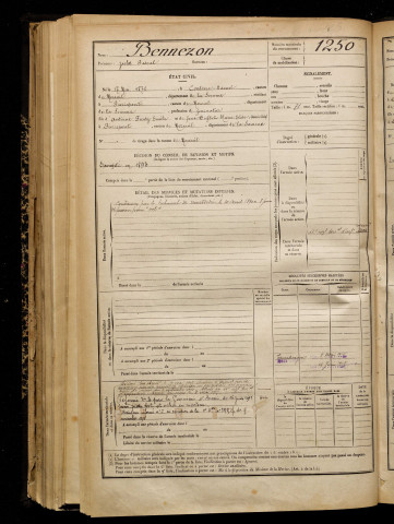 Bennezon, Jules Pascal, né le 17 mai 1872 à Contoire (Somme), classe 1892, matricule n° 1250, Bureau de recrutement de Péronne