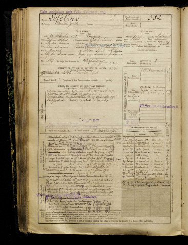 Lefebvre, Charles Joseph, né le 22 septembre 1882 à Puisieux (Pas-de-Calais), classe 1902, matricule n° 382, Bureau de recrutement d'Amiens