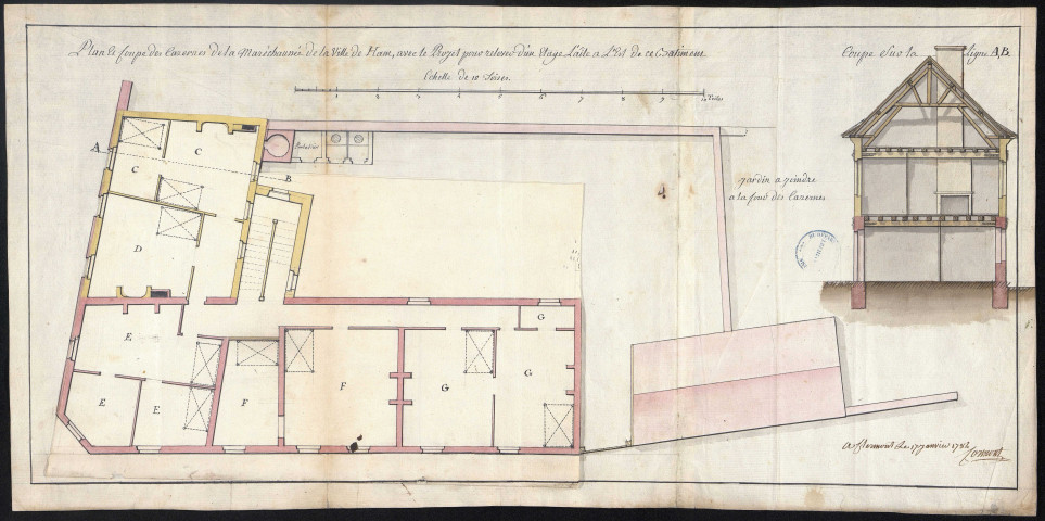 Plan et coupe des casernes de la maréchaussée de la ville de Ham, avec le projet pour relever d'un étage l'aile à l'est de ce bâtiment (1784)