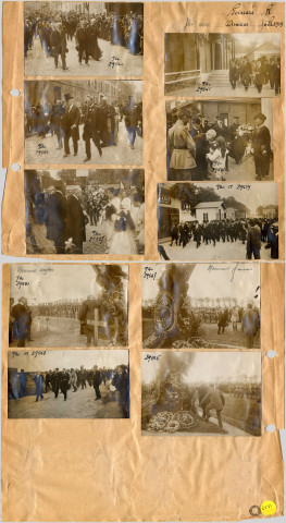 UNE PLANCHE DE DIX PHOTOGRAPHIES SUR LA VISITE DE RAYMOND POINCARE A AMIENS EN JUILLET 1919. (PHOTOGRAPHIES PROVENANT DU FONDS PHOTOGRAPHIQUE DU JOURNAL "LE MATIN")