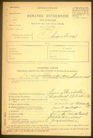 Chaulnes. Demande d'indemnisation des dommages de guerre : dossier Duhennois-Cagnion