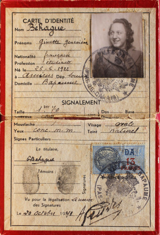 Carte d'identité falsifiée au nom de Béhague Ginette, délivrée en 1941 à Ginette Schulhof