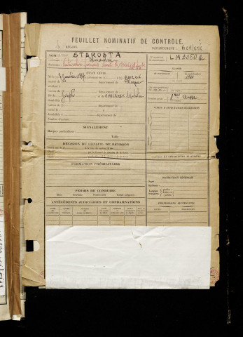 Starosta, Alexandre, né le 07 janvier 1897 à Osieck (Pologne), classe 1917, matricule n° 1494, Bureau de recrutement d'Amiens