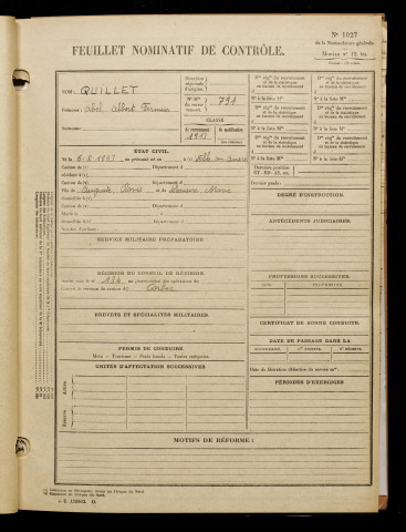 Quillet, Abel Albert Firmin, né le 06 août 1893 à Ville-sur-Ancre (Somme), classe 1913, matricule n° 791, Bureau de recrutement d'Amiens