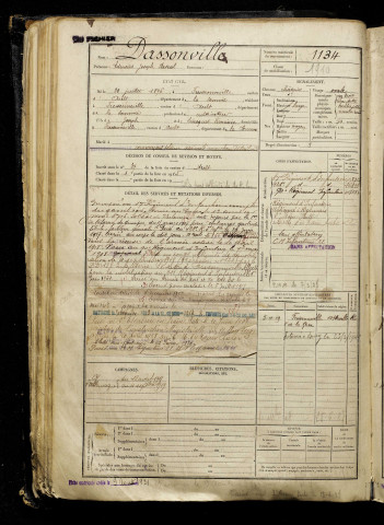 Dassonville, Edmond Joseph Pascal, né le 30 juillet 1896 à Fressenneville (Somme), classe 1916, matricule n° 1134, Bureau de recrutement d'Abbeville