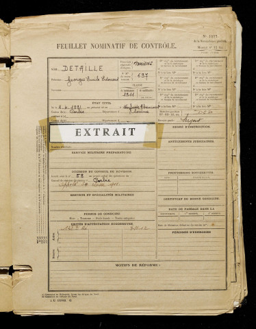 Detaille, Georges Emile Edouard, né le 02 avril 1891 à Lamotte-Warfusée (Somme), classe 1911, matricule n° 697, Bureau de recrutement d'Amiens