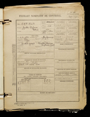 Capiaux, Gaston Alphonse Fortuné, né le 02 septembre 1891 à Humbercamps (Pas-de-Calais), classe 1911, matricule n° 665, Bureau de recrutement d'Amiens