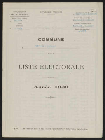 Liste électorale : Templeux-le-Guérard