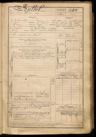 Bultel, Louis Albert, né le 21 juin 1867 à Dury (Somme), classe 1887, matricule n° 685, Bureau de recrutement d'Amiens