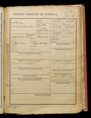 Feuilloy, Michel Pierre Eugène, né le 29 septembre 1897 à Friville-Escarbotin (Somme), classe 1917, matricule n° 357, Bureau de recrutement d'Amiens