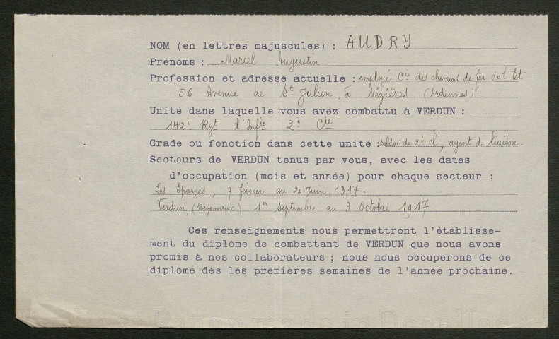 Témoignage de Audry, Marcel et correspondance avec Jacques Péricard