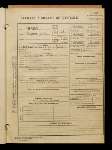 Caron, Eugène Jules, né le 29 septembre 1893 à Yvrench (Somme), classe 1913, matricule n° 13, Bureau de recrutement d'Abbeville