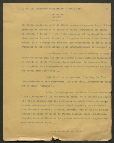 Témoignage de Vaille, Jean (Brigadier téléphoniste) et correspondance avec Jacques Péricard
