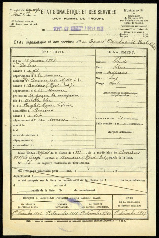 Damelincourt, Paul Achille, né le 28 janvier 1879 à Amiens (Somme), classe 1899, matricule n° 86, Bureau de recrutement d'Amiens
