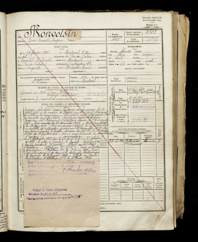 Monvoisin, Jean Camille Eugène, né le 24 février 1896 à Montreuil (Pas-de-Calais), classe 1916, matricule n° 2123, Bureau de recrutement d'Amiens