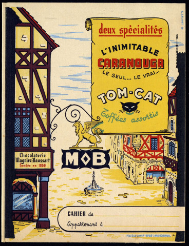 Couverture de cahier d'écolier illustrée de publicité pour la chocolaterie Magniez-Baussart