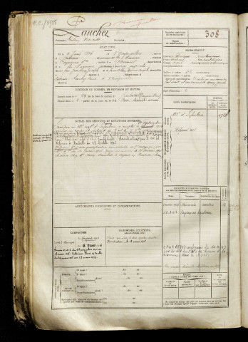 Pauchet, Guilain Narcisse, né le 09 juin 1894 à Bayonvillers (Somme), classe 1914, matricule n° 308, Bureau de recrutement de Péronne