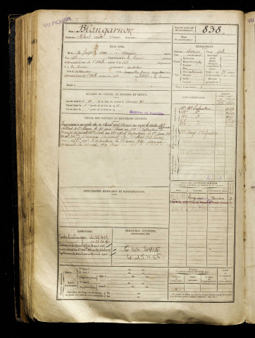 Blangarnon, Robert André Pierre, né le 30 janvier 1899 à Amiens (Somme), classe 1919, matricule n° 838, Bureau de recrutement d'Amiens