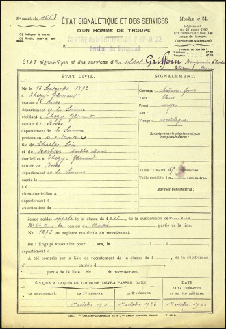 Griffoin, Benjamin Charles Etienne Bruno, né le 16 septembre 1892 à Thézy-Glimont (Somme), classe 1912, matricule n° 1278, Bureau de recrutement d'Amiens