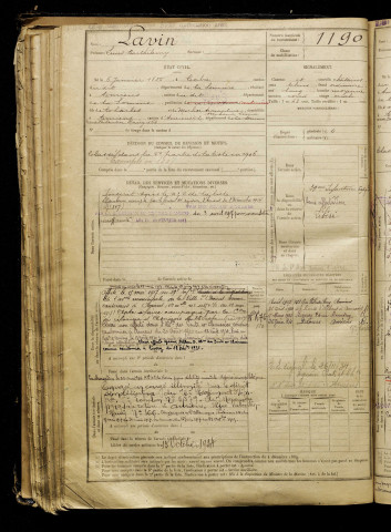 Lavin, Louis Barthélémy, né le 06 janvier 1885 à Corbie (Somme), classe 1905, matricule n° 1190, Bureau de recrutement d'Amiens