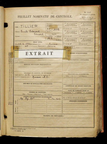 Tillier, Emile Edouard Edmond, né le 25 mars 1892 à Amiens (Somme), classe 1912, matricule n° 1113, Bureau de recrutement d'Amiens