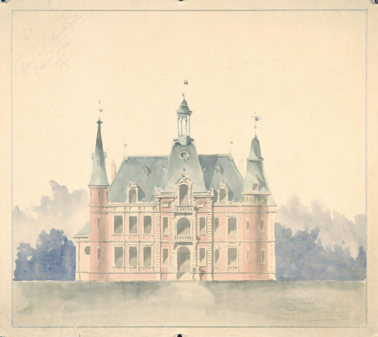 Château de M. de Brandt : dessin de la façade principale par l'architecte Paul Delefortrie